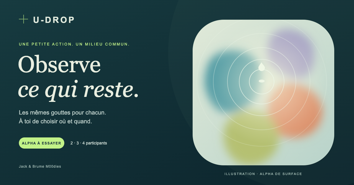 Illustration originale U-DROP : goutte, pigments et ondes sur une surface d’eau.